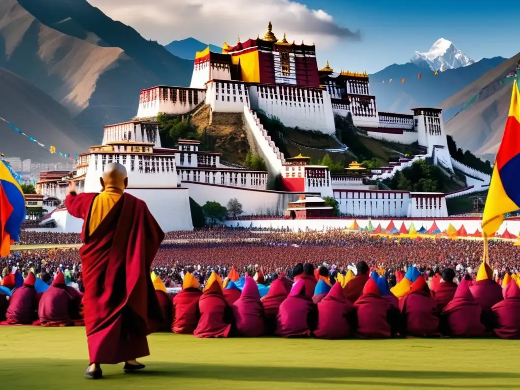 El Dalai Lama inspirando a las masas: discurso frente al Palacio de Potala Una impactante imagen de la influencia política del Dalai Lama, mientras habla frente al Palacio Potala con monjes tibetanos y seguidores