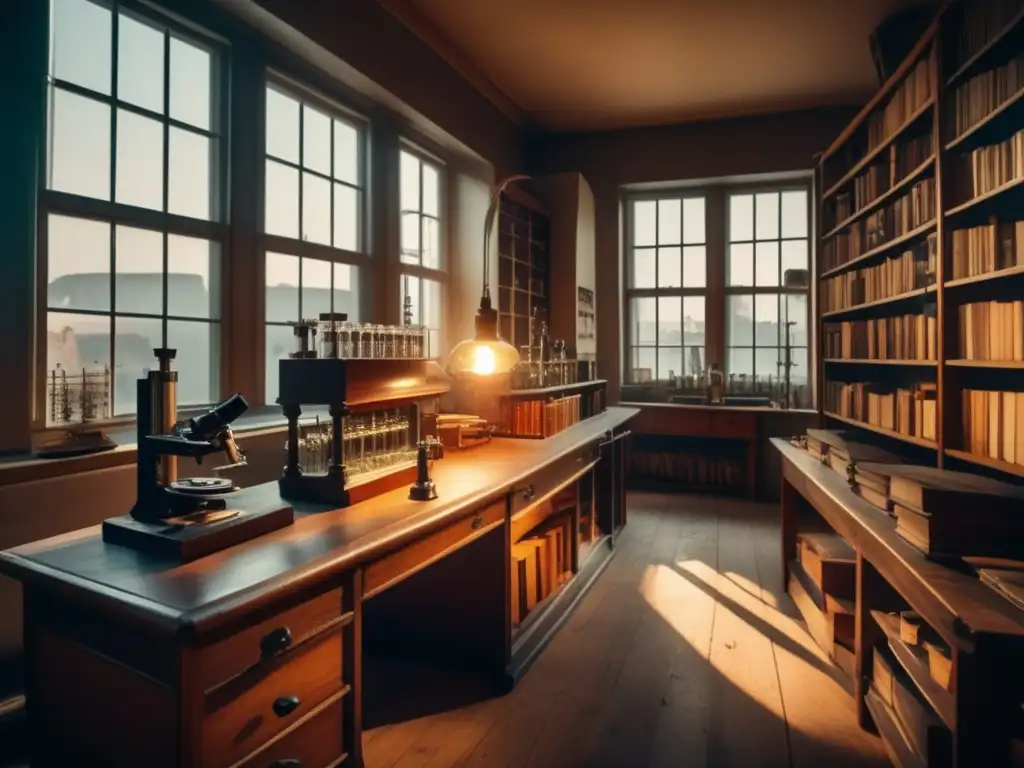 Una impactante imagen en sepia de un laboratorio vintage con equipo científico antiguo y libros sobre Descubrimientos genéticos de Gregor Mendel