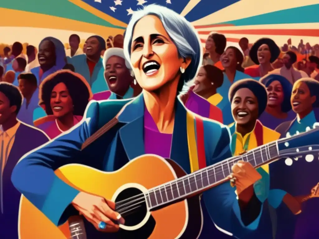 Una impactante imagen de Joan Baez actuando en un mitin por los derechos civiles, transmitiendo pasión y energía a través de su música