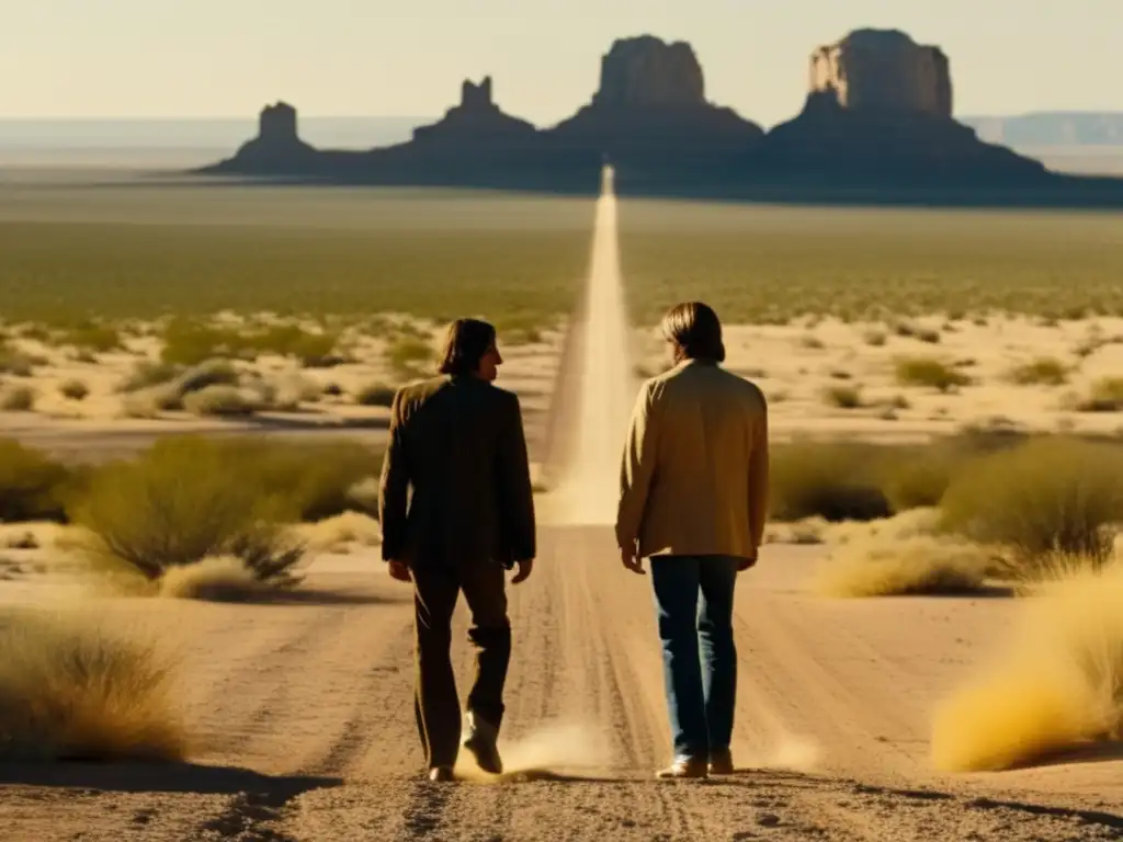 Una impactante imagen de la película 'No es país para viejos' de los hermanos Coen, con un intenso enfrentamiento en el desierto