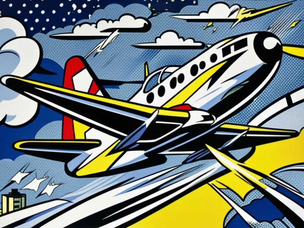 Una impactante imagen de la icónica pintura de arte pop 'Whaam!' de Roy Lichtenstein, con colores vibrantes y detalles dinámicos, capturando su innovador enfoque en fusionar el arte de alta y baja cultura