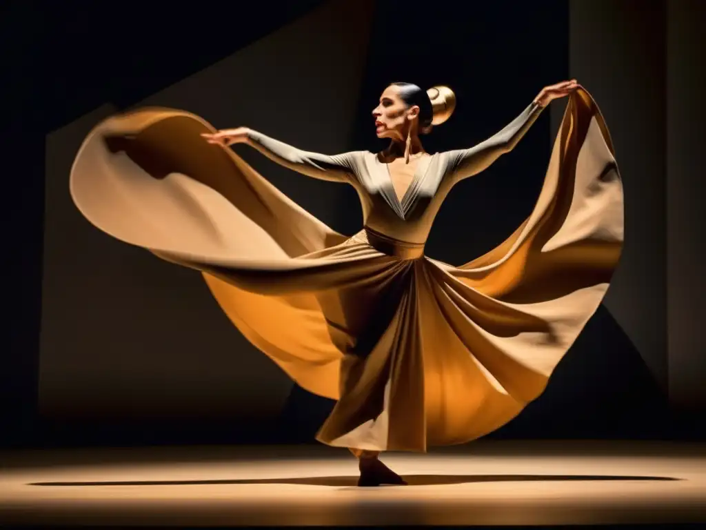 Una impactante imagen de Martha Graham en pleno escenario, expresando fuerza y emoción a través de su danza