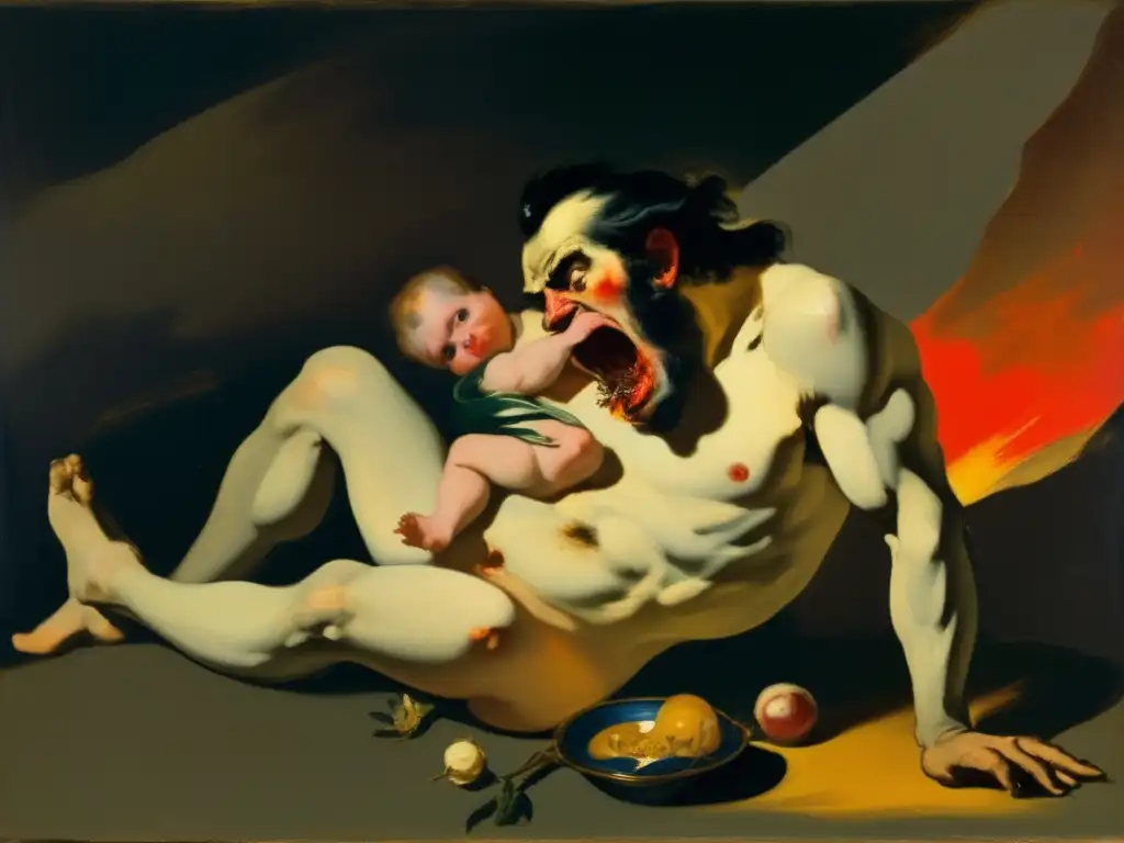 Una impactante imagen de 'Saturno devorando a su hijo' de Francisco Goya, precursor del romanticismo arte, con colores vívidos y detalles macabros