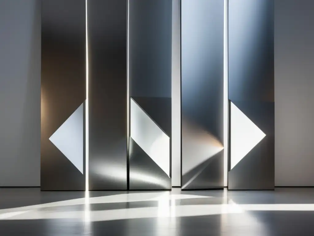 Una impactante instalación de arte moderno minimalista con paneles metálicos reflectantes y líneas geométricas