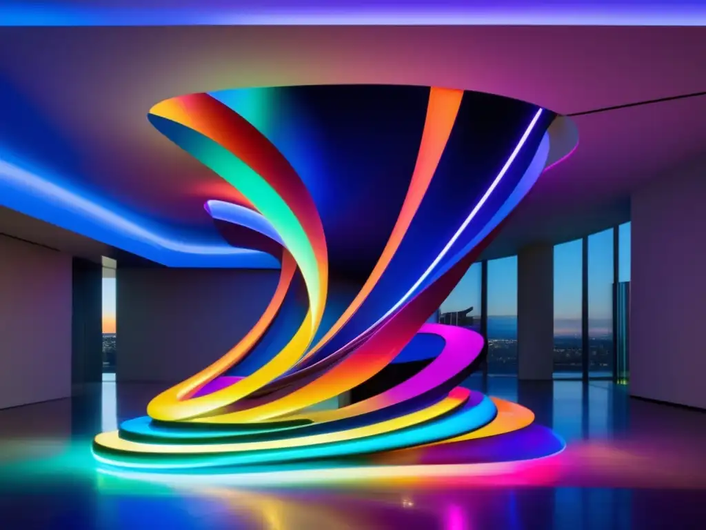 Una impactante instalación de arte moderno en metal, con formas dinámicas y luces multicolores
