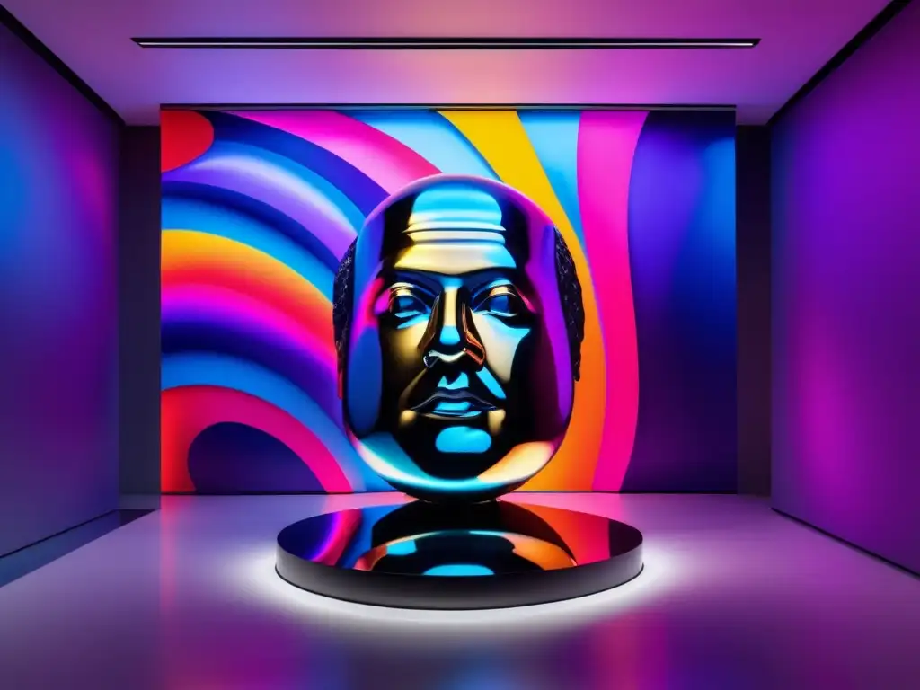 Una impactante instalación de arte moderno muestra una escultura de Stendhal rodeada de colores vibrantes y patrones, simbolizando su pasión