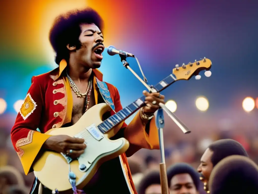 Una impactante fotografía de Jimi Hendrix actuando en Woodstock, cautivando a la multitud con su legendaria actuación