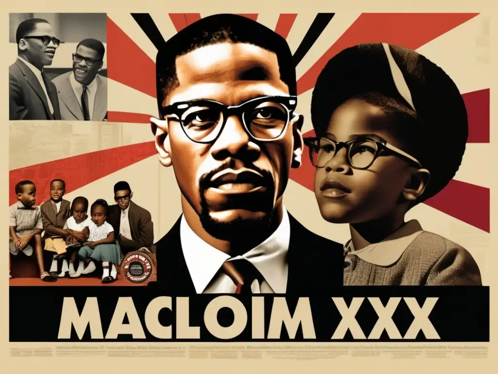 Una impactante biografía de Malcolm X, líder negro, desde su infancia hasta su activismo, en un collage digital moderno y detallado