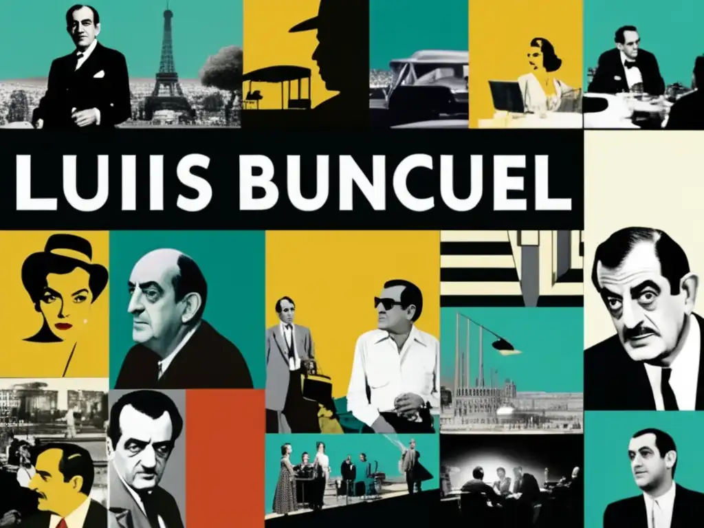 Una impactante y moderna colage de alta resolución que muestra momentos clave de la vida y carrera de Luis Buñuel, incluyendo imágenes de sus películas icónicas, fotos detrás de escena y retratos del cineasta en diferentes etapas de su vida