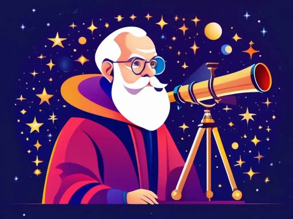 Una impactante representación moderna de Galileo Galilei observando el cielo nocturno a través de un telescopio, con los astros reflejados en sus ojos