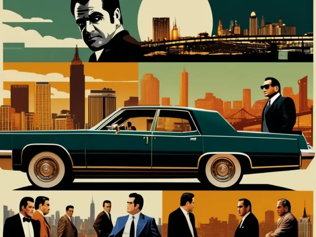 Una impactante y moderna obra digital que muestra escenas icónicas de las películas de mafia de Martin Scorsese, junto con imágenes del director, evocando su exploración cinematográfica del mundo de la mafia y su evolución personal