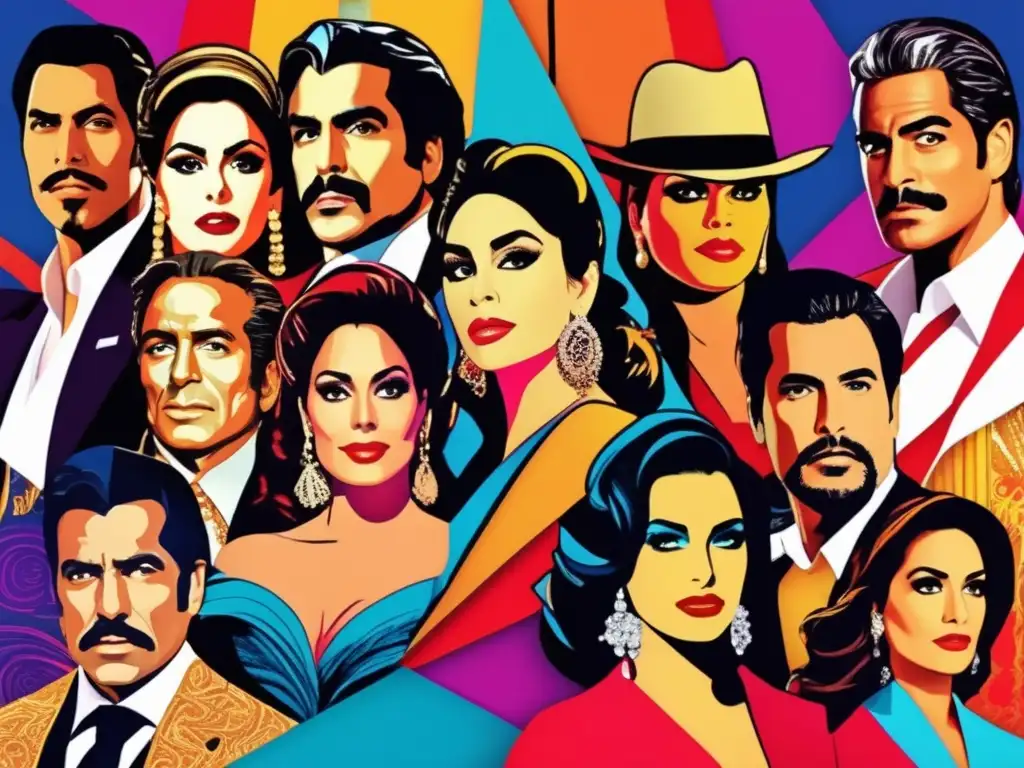 Una impactante y moderna composición de personajes icónicos de telenovelas, con colores vibrantes que simbolizan la evolución y popularidad del género