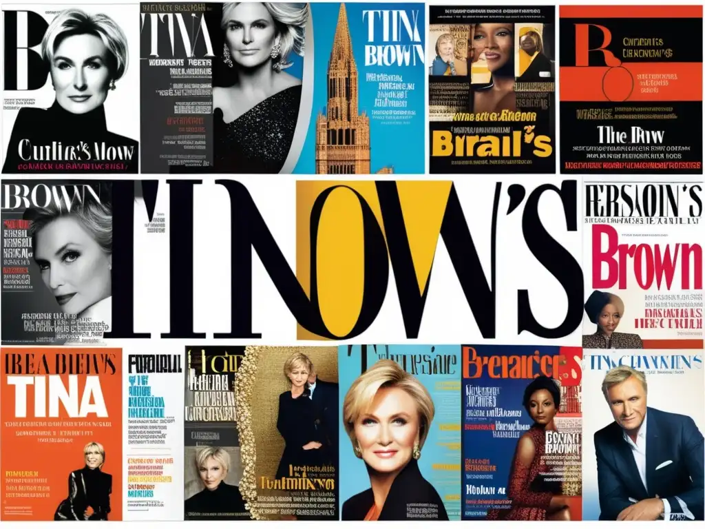 Una impactante mosaico de portadas de revistas icónicas de la era de Tina Brown, reflejando su influencia en revistas