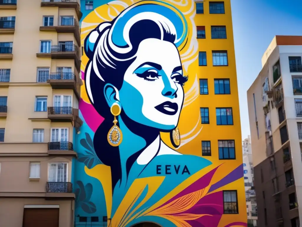 Un impactante mural moderno de Eva Perón en colores vibrantes y detallados