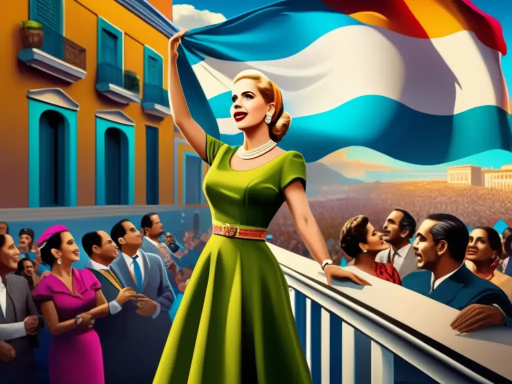 Una impactante obra de arte digital de alta resolución que representa a Eva Perón dirigiéndose a una multitud desde un balcón