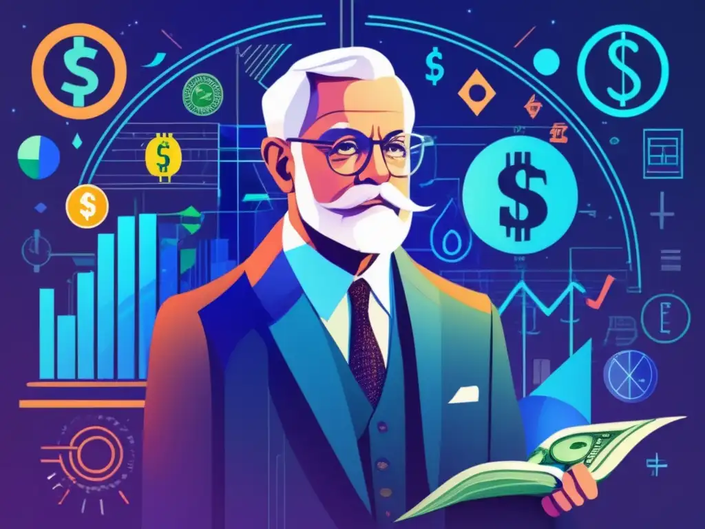 Una impactante obra de arte digital muestra a Irving Fisher rodeado de indicadores económicos, símbolos de moneda y una atmósfera futurista, simbolizando la teoría cuantitativa del dinero
