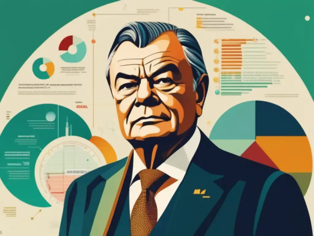 Una impactante obra de arte digital de alta resolución que representa a Gunnar Myrdal rodeado de gráficos y tablas económicas, simbolizando su influyente trabajo en la Teoría del Desarrollo Económico