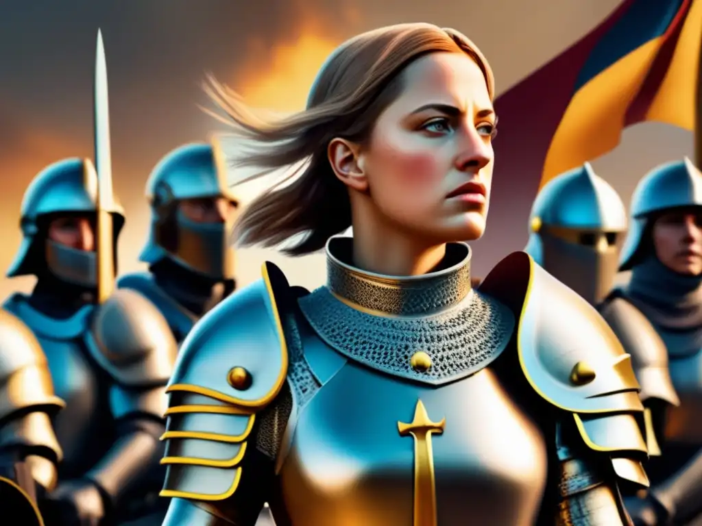 Joan of Arc biografía completa: Una impactante obra de arte digital de alta resolución que retrata a Juana de Arco, liderando tropas con determinación y valentía en medio de la batalla