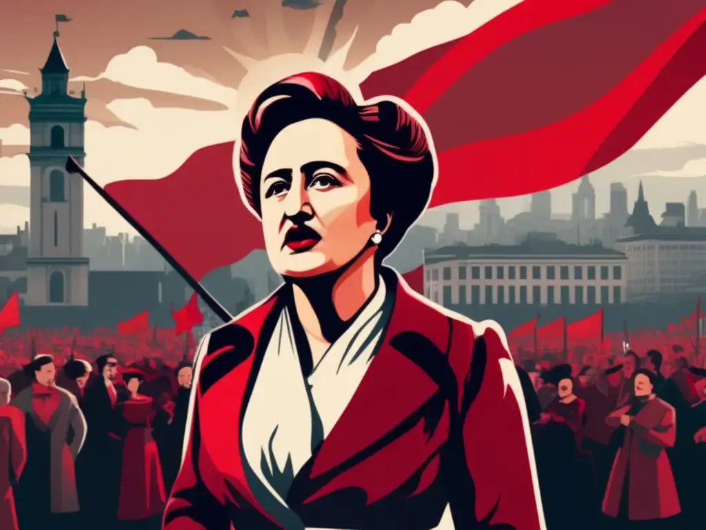 Una impactante obra de arte digital que retrata a Rosa Luxemburgo liderando una multitud con pasión y determinación, su papel en revoluciones socialistas