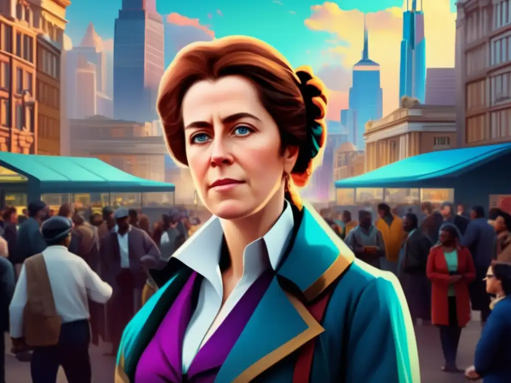 Catherine Booth: Esperanza y Compasión en la Ciudad Una impactante obra de arte digital moderna muestra a Catherine Booth, madre del Ejército de Salvación, en medio de una bulliciosa ciudad, ayudando a personas necesitadas con una mirada llena de determinación y compasión