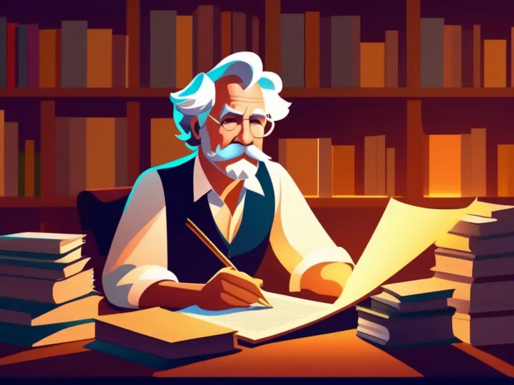 Una impactante obra de arte digital de alta resolución que representa a Mark Twain en su escritorio, rodeado de libros y papeles