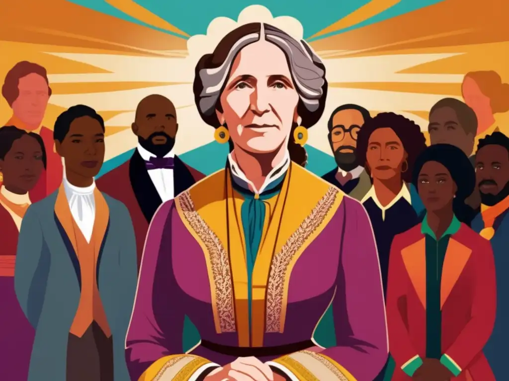 Una impactante obra de arte digital muestra a Harriet Beecher Stowe rodeada de gente diversa, transmitiendo fuerza y esperanza