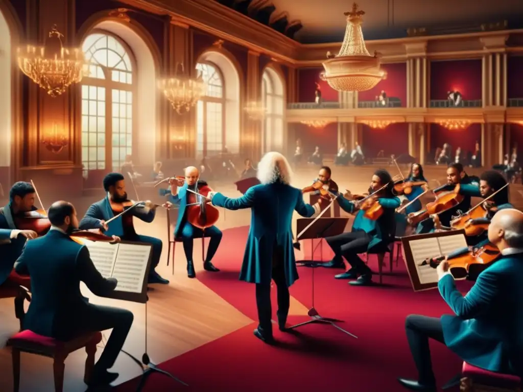 Una impactante obra de arte digital moderna que retrata a Antonio Vivaldi dirigiendo una orquesta en un majestuoso salón de conciertos barroco