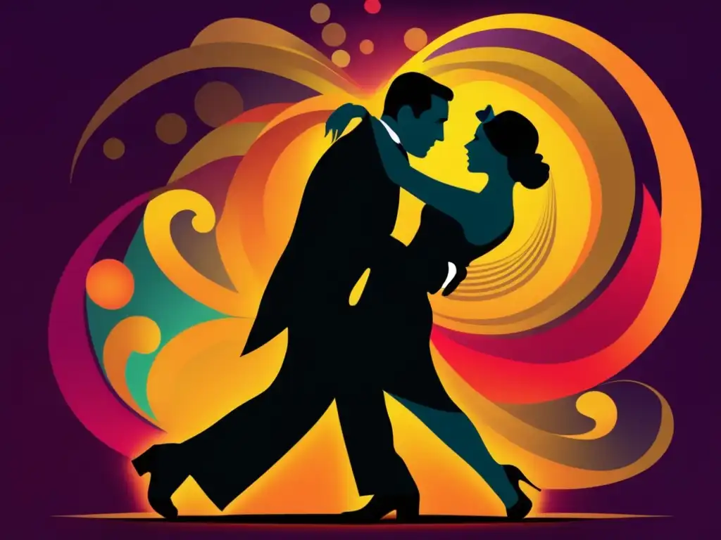 Una impactante obra de arte digital que muestra a Carlos Gardel en medio del apasionado abrazo de una pareja de tango