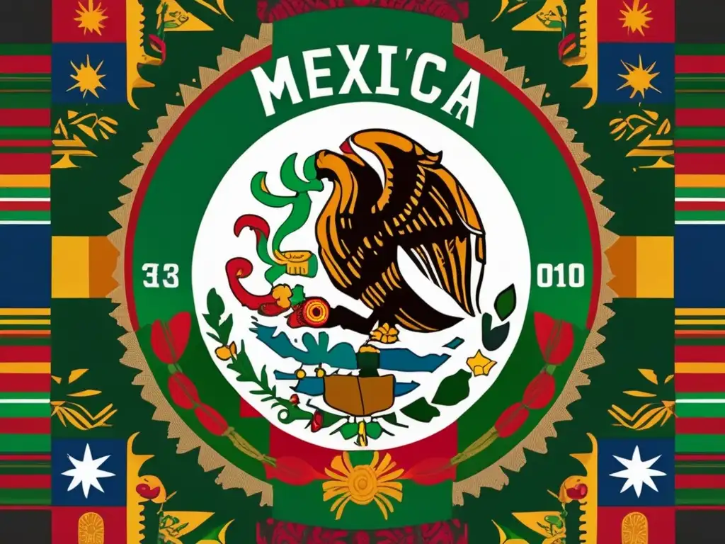 Una impactante obra de arte digital moderna que representa la bandera mexicana entre diversos símbolos culturales, con AMLO como figura unificadora