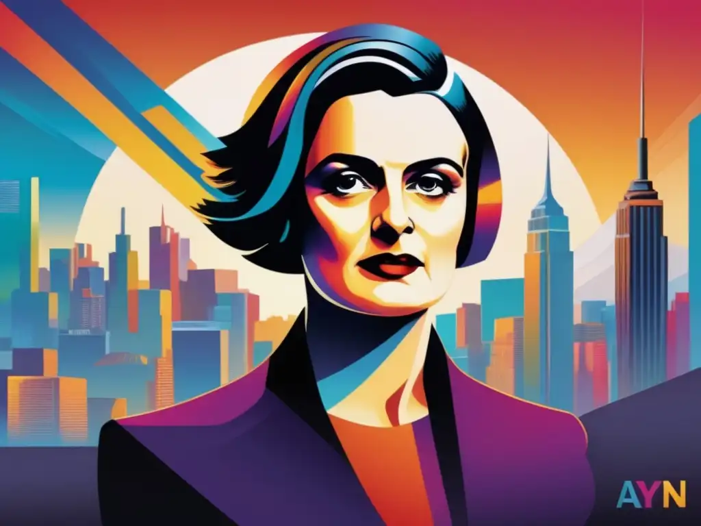 Una impactante obra de arte moderno retrata a Ayn Rand con expresión confiada en un estilo dinámico