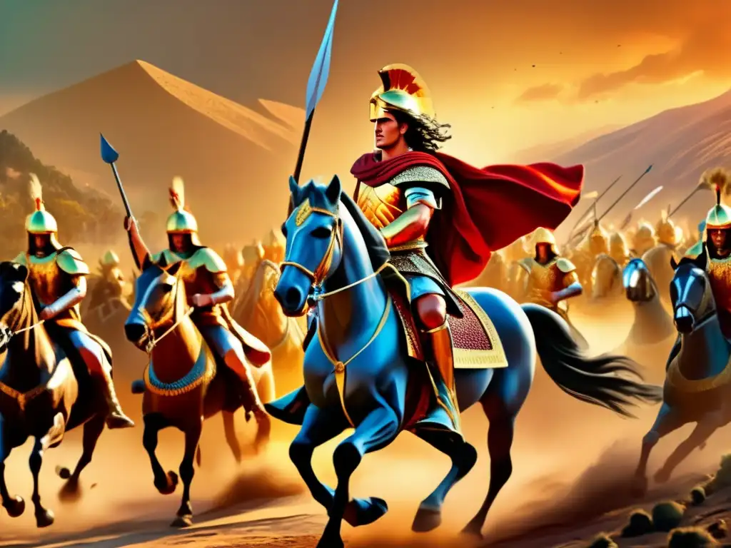 La impactante obra digital muestra a Alejandro Magno liderando su ejército en batalla, con detalles intrincados de su armadura y el paisaje