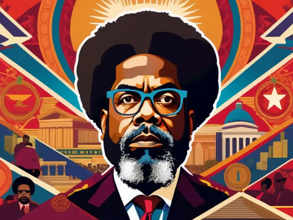 Una impactante obra digital con Cornel West inmerso en pensamientos profundos, rodeado de simbolismo de justicia, democracia y liberación racial