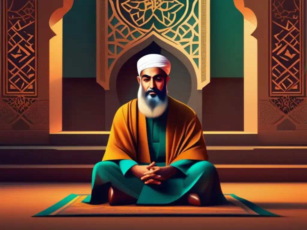Una impactante obra digital muestra a Ibn Rushd inmerso en profunda contemplación, rodeado de intrincados patrones geométricos y caligrafía árabe