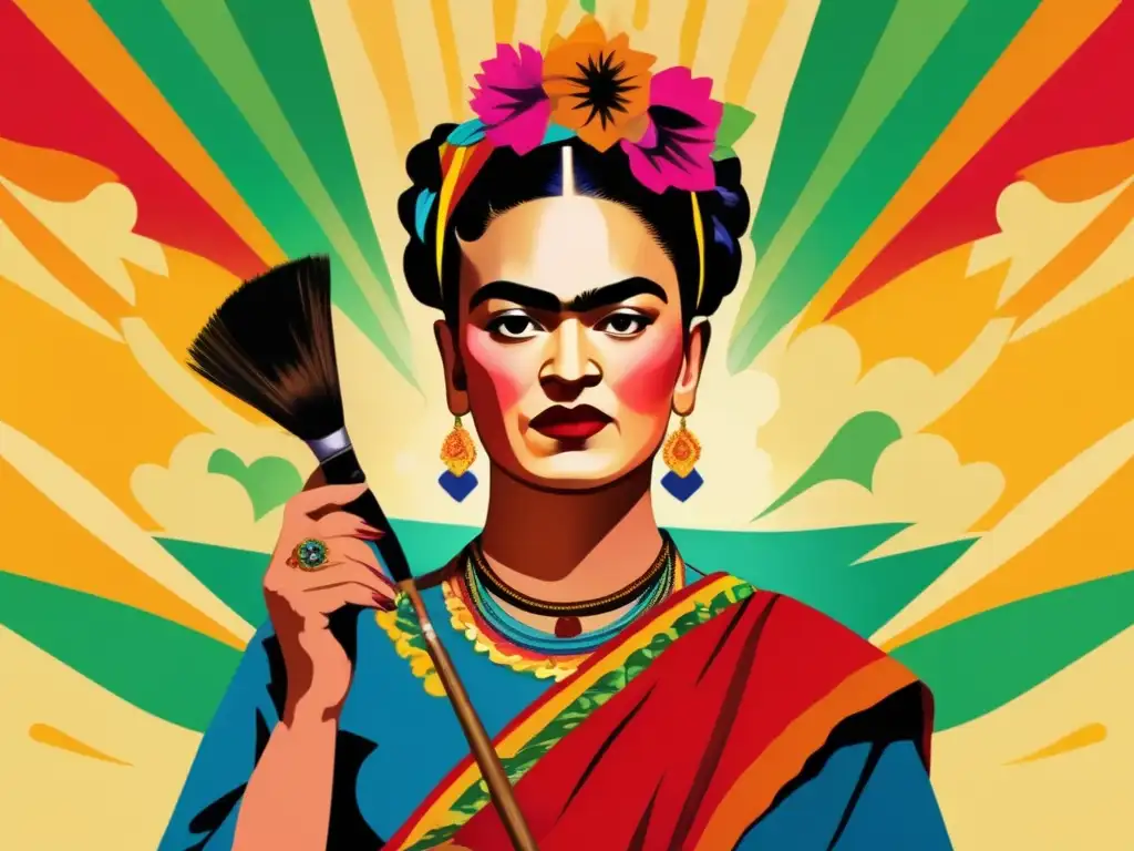 Una impactante obra digital de Frida Kahlo, mostrando su legado artístico y activista con colores vibrantes y una mirada firme