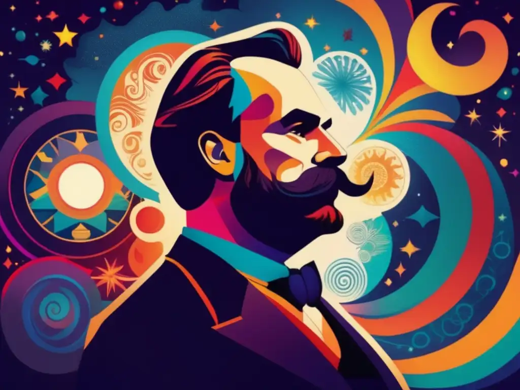 La impactante obra digital muestra la silueta de Friedrich Nietzsche en medio de patrones cósmicos