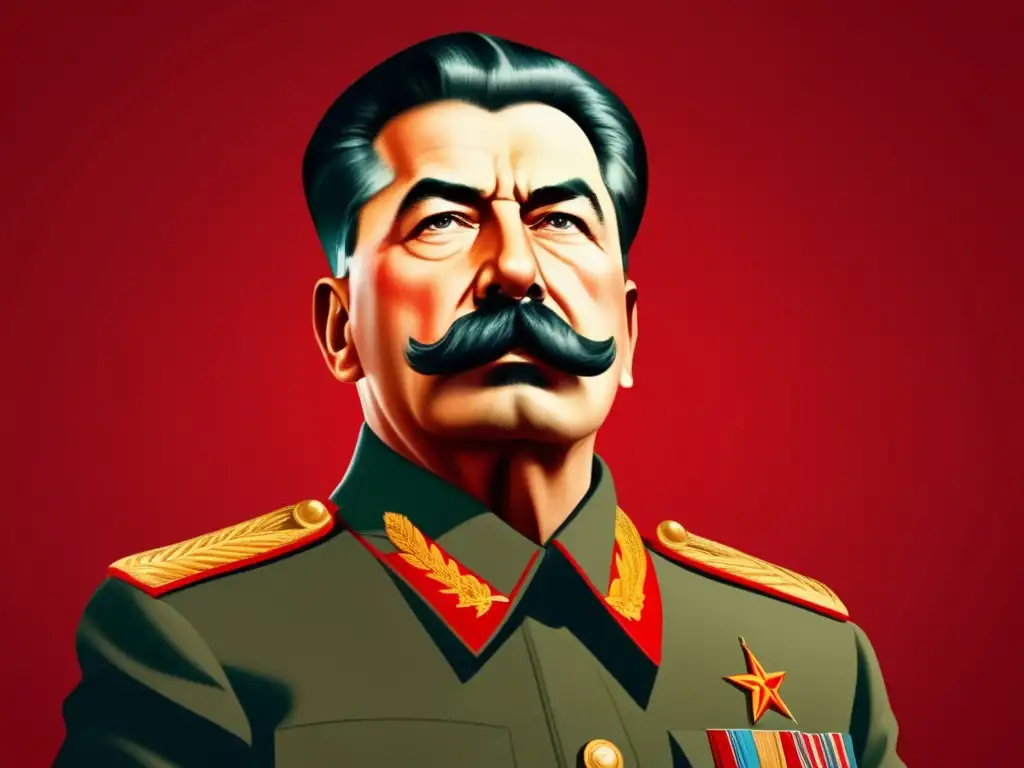 El legado controvertido de Stalin: retrato digital impactante Una impactante obra digital muestra a Joseph Stalin en una pose poderosa y autoritaria, con iluminación dramática y determinación en sus ojos