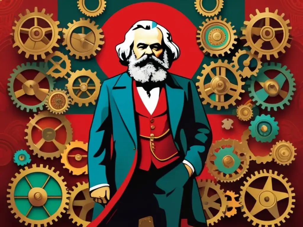 Una impactante obra digital representa las teorías de Karl Marx con intrincados engranajes, simbolizando el capitalismo