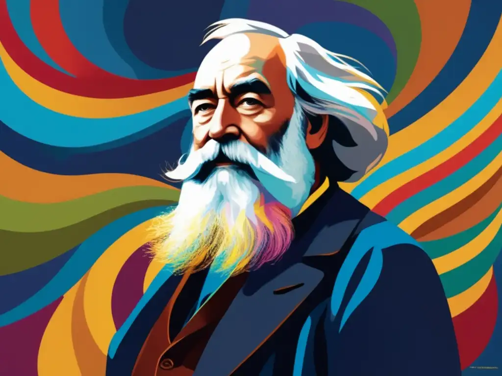 Una impactante pintura digital muestra a Walt Whitman en actitud segura, rodeado de versos poéticos vibrantes