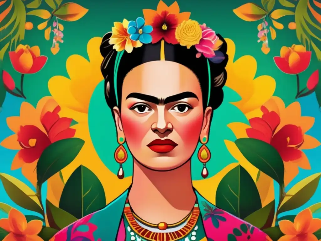 Una impactante pintura digital de Frida Kahlo, con colores vibrantes y detalles intrincados