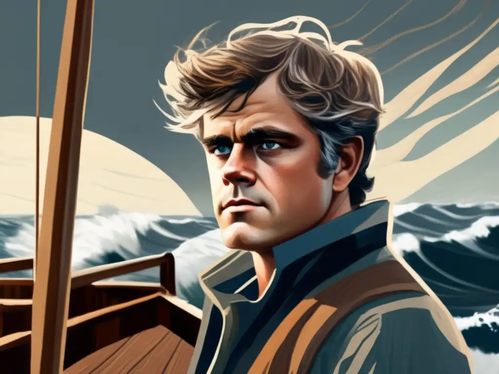 Una impactante pintura digital de Jack London en la cubierta de un barco, con el viento en su cabello y una mirada determinada