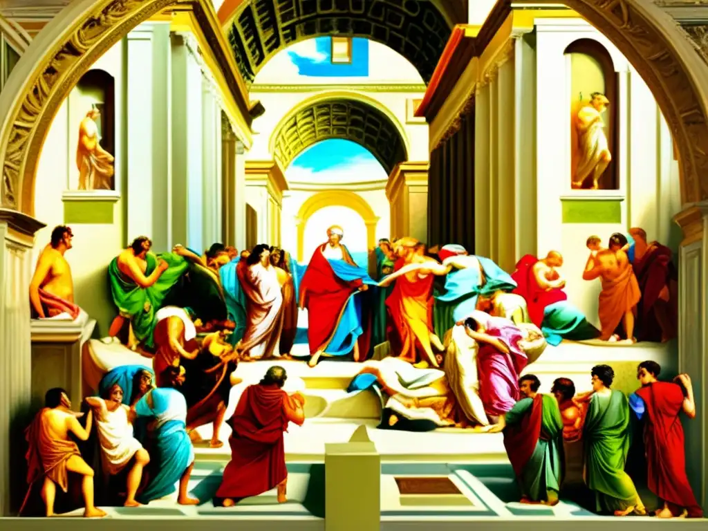 Una impactante pintura digital de 'La Escuela de Atenas' de Rafael, resaltando detalles, figuras clásicas y colores vibrantes