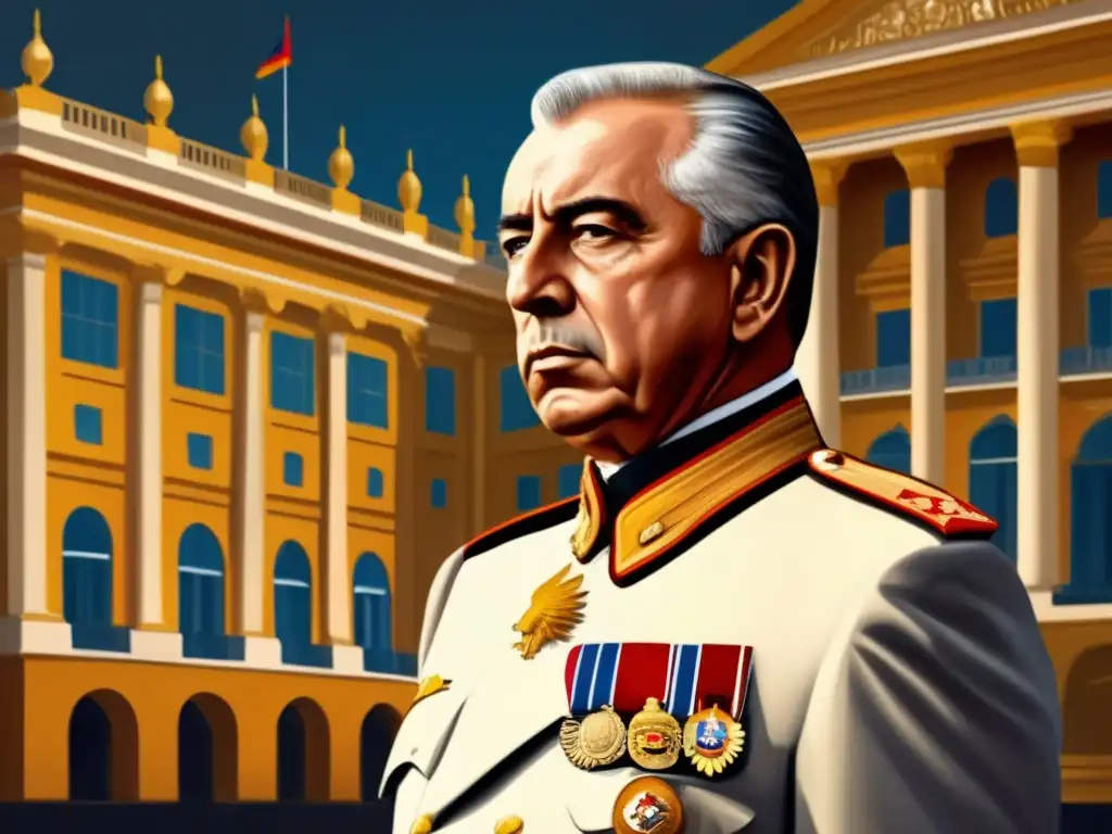 Una impactante pintura digital de Alfredo Stroessner frente al palacio presidencial, emanando poder y autoridad