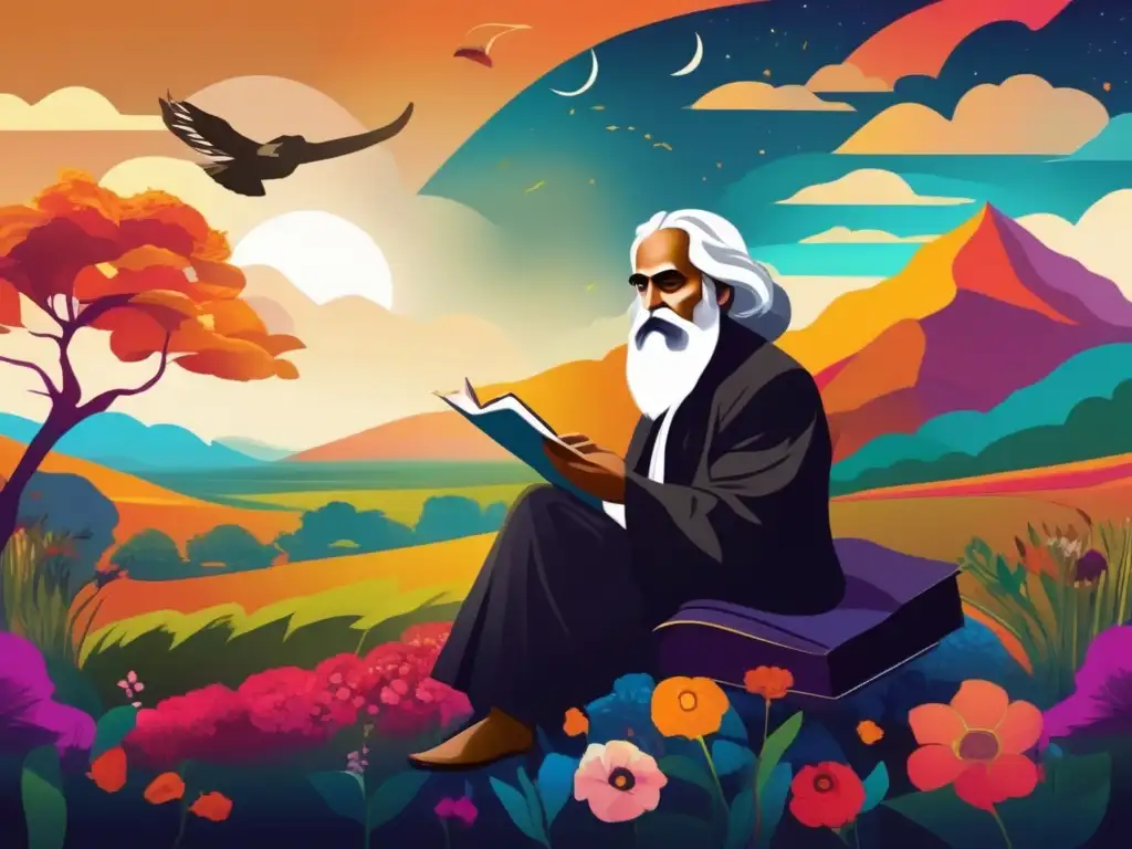 Una impactante pintura digital de Rabindranath Tagore en un paisaje surrealista, capturando su legado literario y artístico