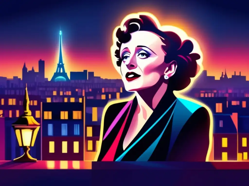 Una impactante pintura digital de Edith Piaf en un escenario tenue, capturada en plena actuación