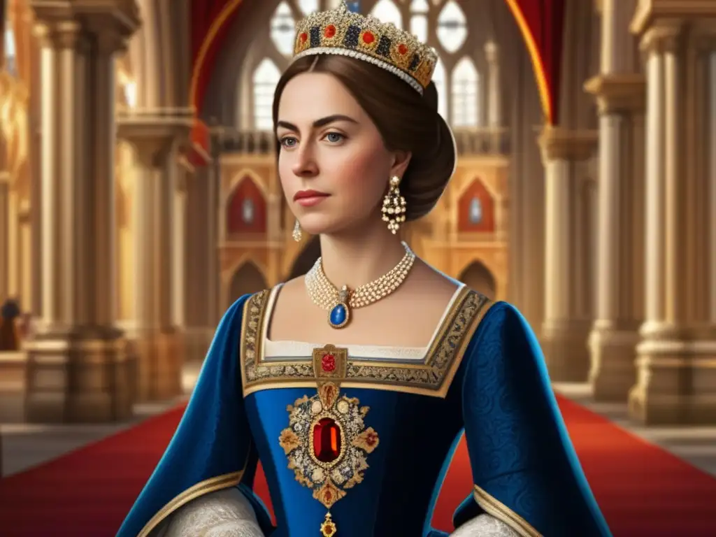 Una impactante pintura digital de la Reina Isabel I de Castilla, con expresión digna y fondo de catedral, muestra su influencia religiosa en Europa