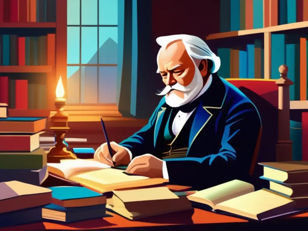 Una impactante pintura digital de alta resolución representa a Victor Hugo en su escritorio, rodeado de libros y papeles