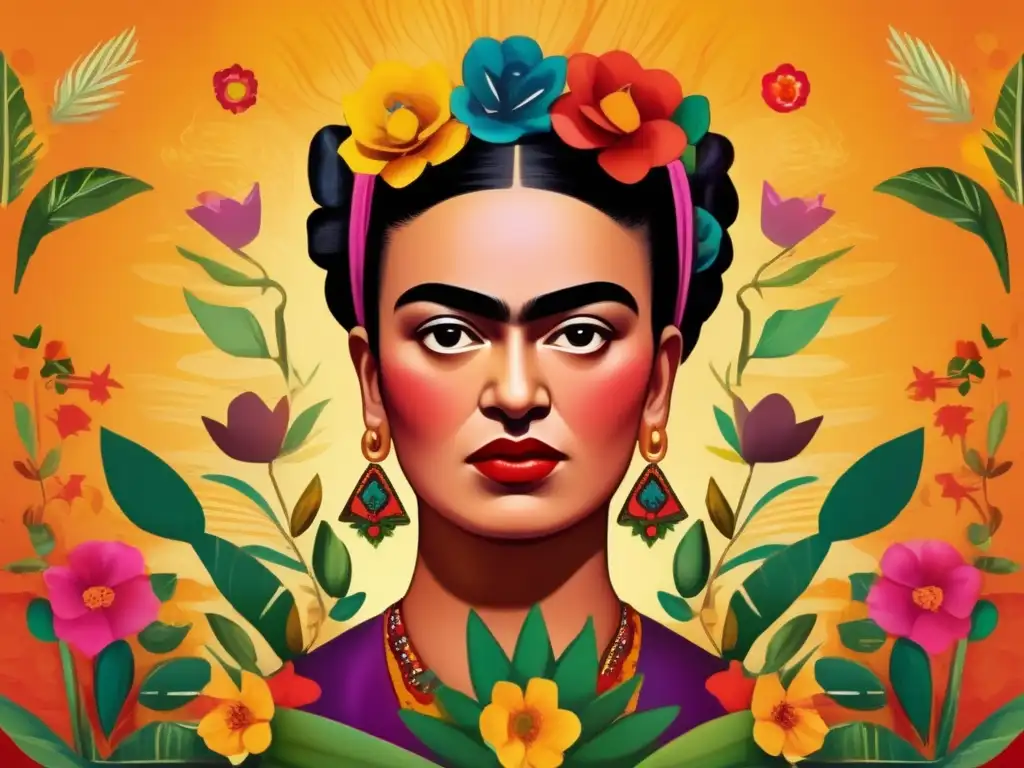 Una impactante pintura digital de Frida Kahlo, rodeada de elementos surrealistas que representan su viaje artístico inquebrantable