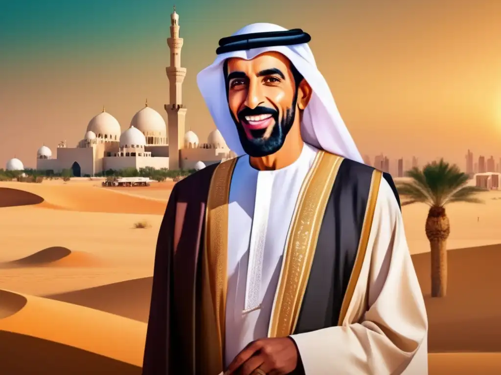Una impactante pintura digital de Sheikh Zayed bin Sultan Al Nahyan, mostrando su sabiduría y fuerza, con icónicos paisajes y arquitectura emiratí