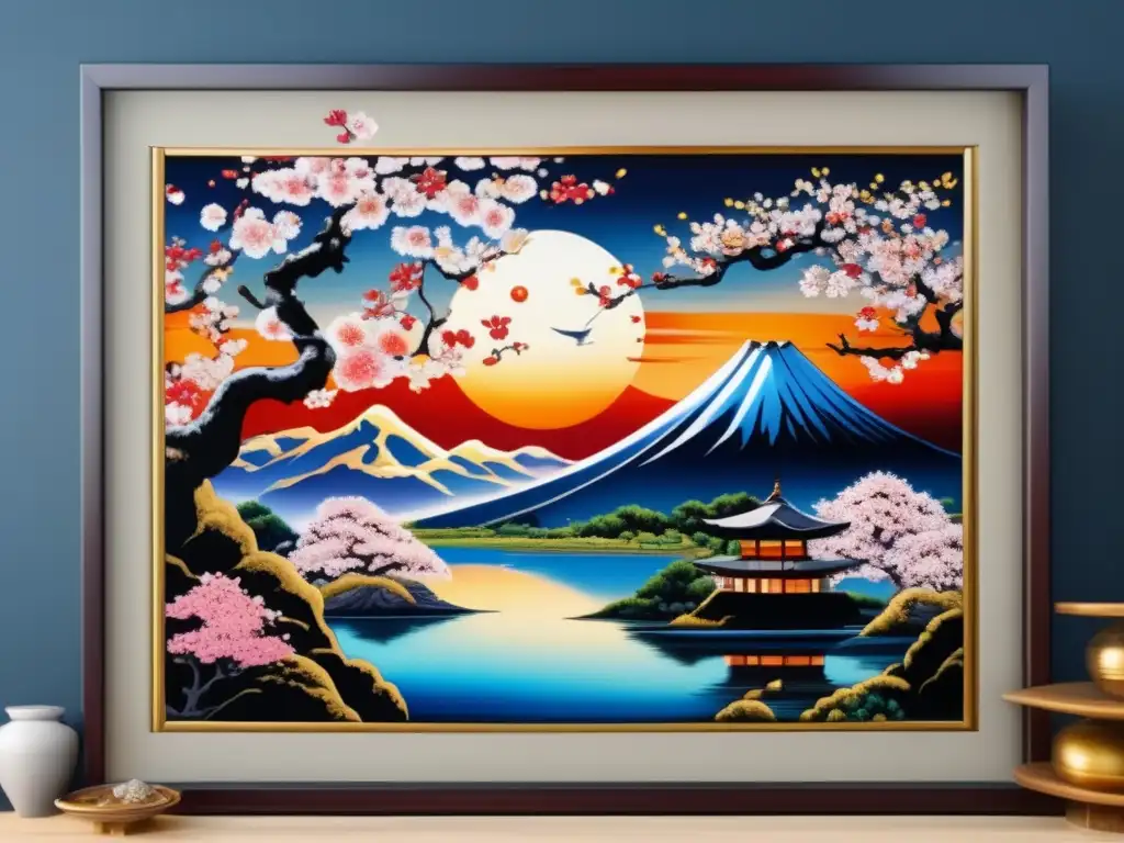 Una impactante pintura japonesa de los orígenes de Japón, con Izanagi e Izanami creando las islas, rodeados de cerezos en flor y paisajes serenos