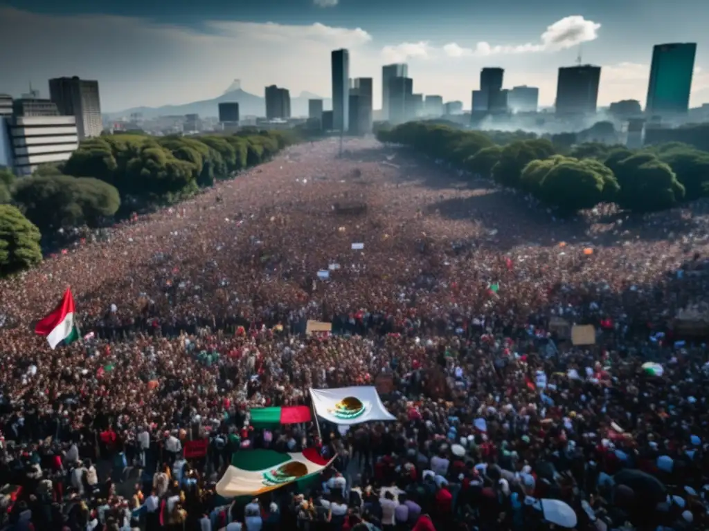 Una impactante fotografía de una protesta en la Ciudad de México, con manifestantes de todas las edades y orígenes sosteniendo pancartas